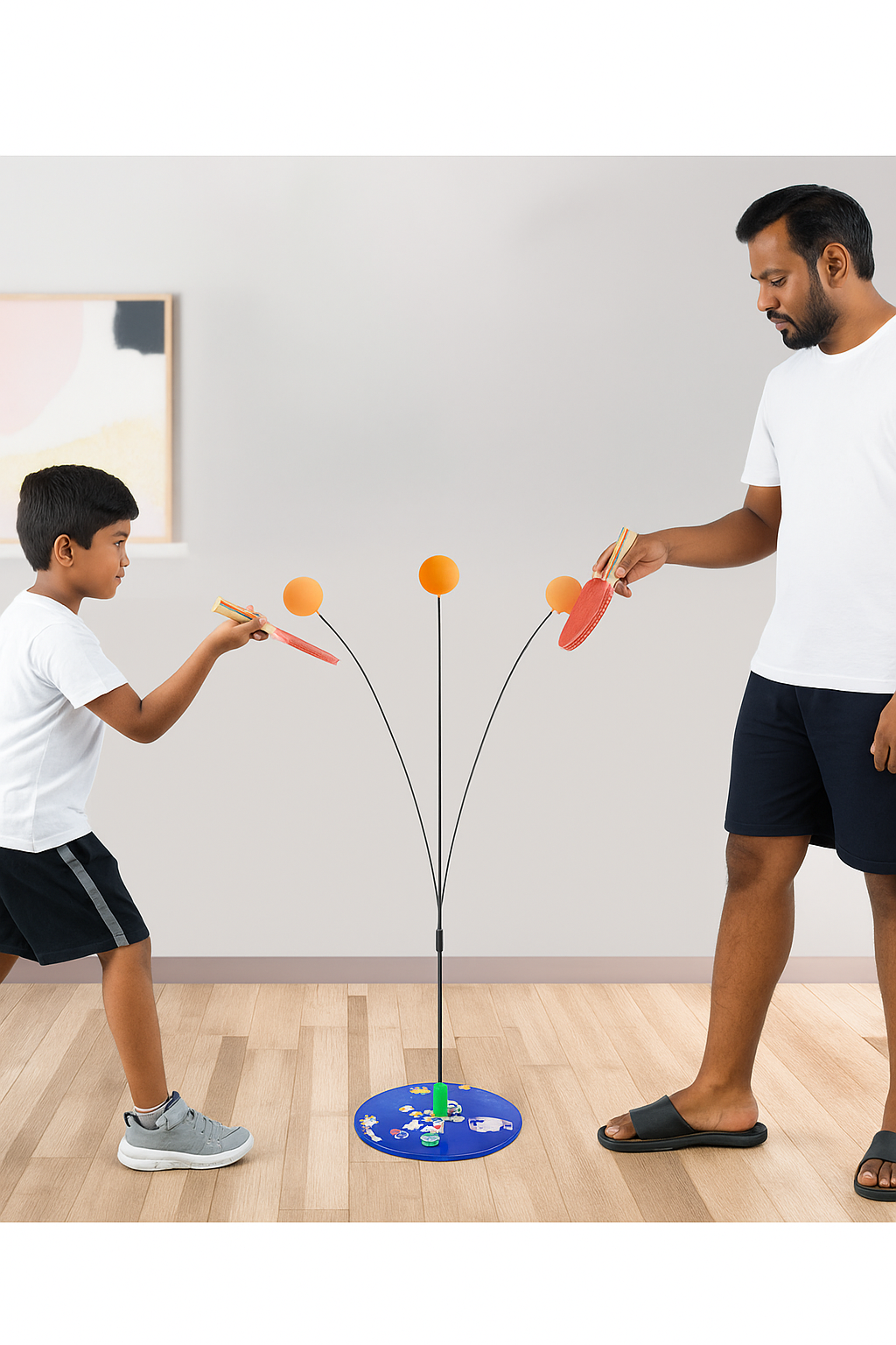 Standing Table Tennis Trainer Toy Set For Kids And Adults With Height Adjustment - Portable Activity And Exercise Sports Toy With 4 Ping Pong Balls and 2 Wooden Rackets - Multicolor