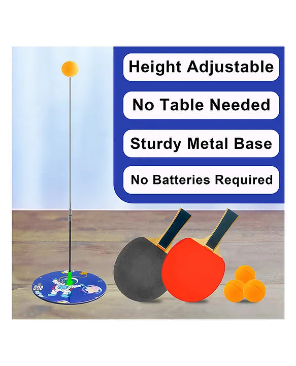 Standing Table Tennis Trainer Toy Set For Kids And Adults With Height Adjustment - Portable Activity And Exercise Sports Toy With 4 Ping Pong Balls and 2 Wooden Rackets - Multicolor
