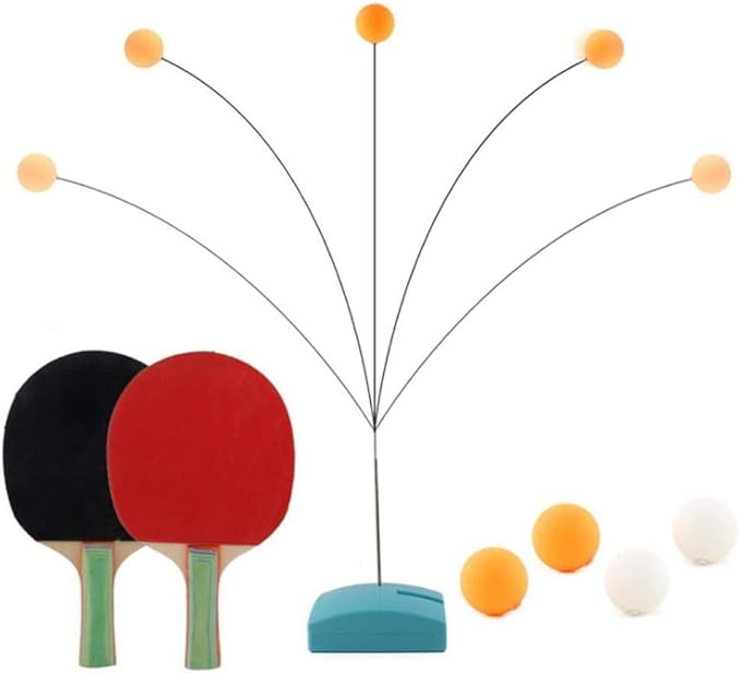 Standing Table Tennis Trainer Toy Set For Kids And Adults With Height Adjustment - Portable Activity And Exercise Sports Toy With 4 Ping Pong Balls and 2 Wooden Rackets - Multicolor