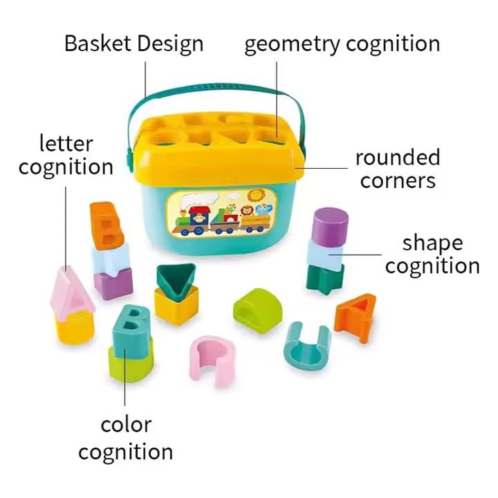Shape Sorting Blocks with Basket Babys First Educational Activity Toys 8 Shapes 2 Each Sorting Cubes for Kids Development with Storage Bucket Counting Learning Toys for Toddlers