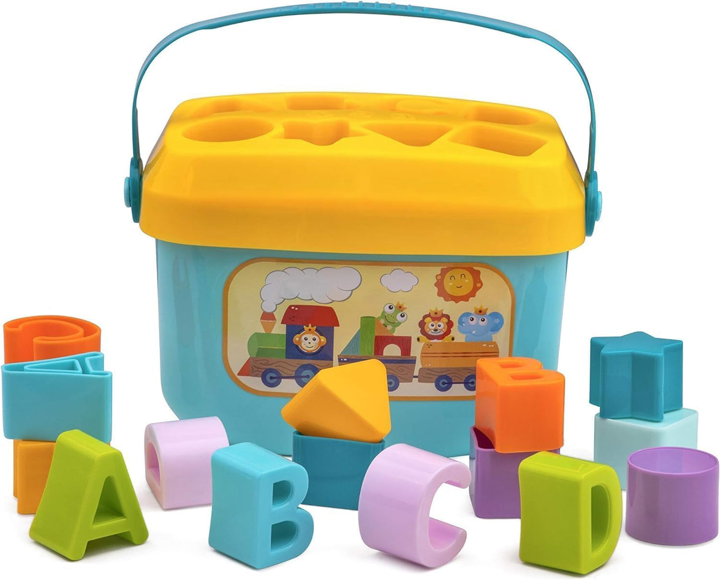 Shape Sorting Blocks with Basket Babys First Educational Activity Toys 8 Shapes 2 Each Sorting Cubes for Kids Development with Storage Bucket Counting Learning Toys for Toddlers