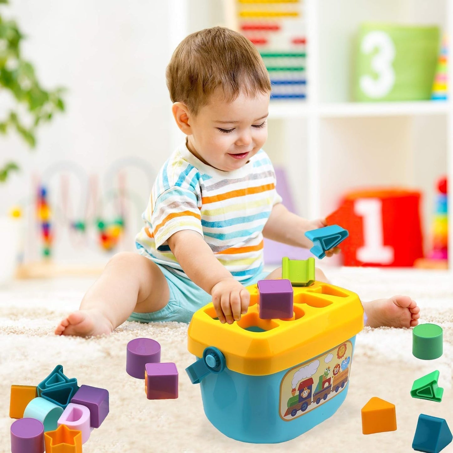 Shape Sorting Blocks with Basket Babys First Educational Activity Toys 8 Shapes 2 Each Sorting Cubes for Kids Development with Storage Bucket Counting Learning Toys for Toddlers