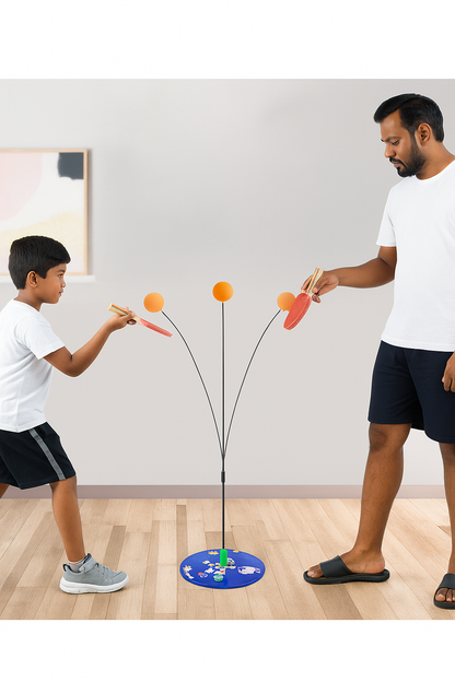 Standing Table Tennis Trainer Toy Set For Kids And Adults With Height Adjustment - Portable Activity And Exercise Sports Toy With 4 Ping Pong Balls and 2 Wooden Rackets - Multicolor