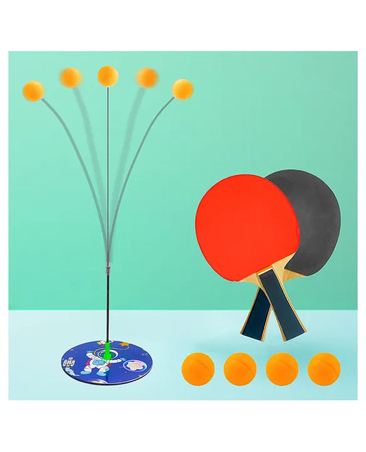 Standing Table Tennis Trainer Toy Set For Kids And Adults With Height Adjustment - Portable Activity And Exercise Sports Toy With 4 Ping Pong Balls and 2 Wooden Rackets - Multicolor